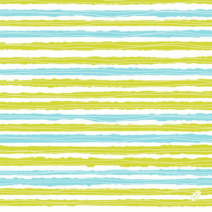 Classic napkins 40 x 40 cm 4-ply, embossed 1/4 fold by Duni GmbH feature horizontal, uneven, hand-drawn stripes in lime green and light blue on white, offering a textured look.