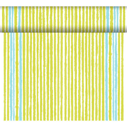 A roll of wallpaper with hand-painted longitudinal stripes in yellow, green, and light blue - perfect for creative table decorations or in combination with the Dunicel table runner Tête-à-Tête 24 m x 0.4 m by Duni GmbH.