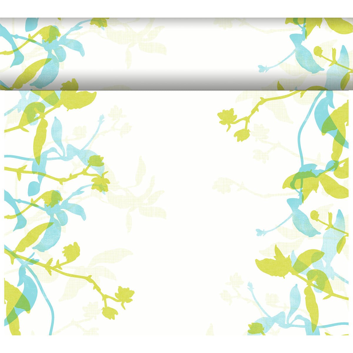 A white sheet with a green and blue floral border on three sides perfectly matches the Duni GmbH Dunicel table runner Tête-à-Tête 24 m x 0.4 m (20 sections) and is thus ideal for a stylish table decoration.