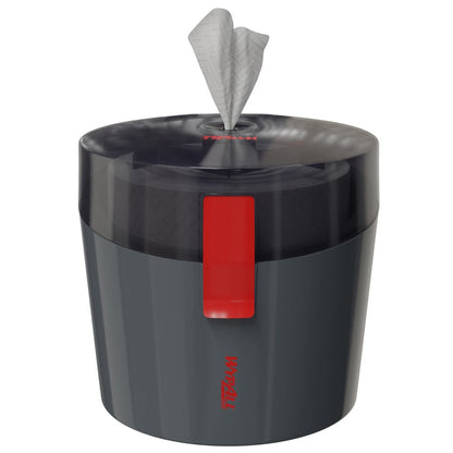 A dark gray, cylindrical WypAll® Reach Plus™ Centrefeed Dispenser from Kimberly-Clark GmbH with a transparent lid and red lock holds a roll of disposable towels, partially pulled through the top slot.