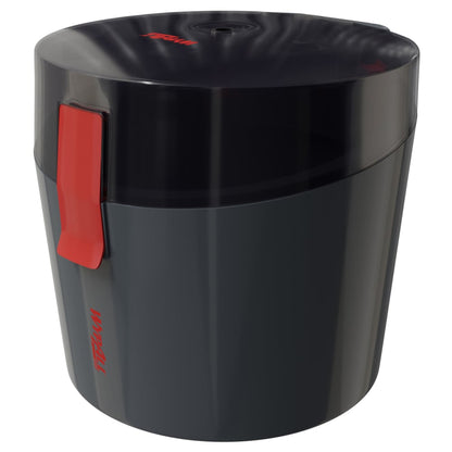 Dark gray, cylindrical WypAll® Reach Plus™ Centrefeed Dispenser from Kimberly-Clark GmbH with a glossy black lid and red side lock. The model name is printed vertically near the bottom in red.