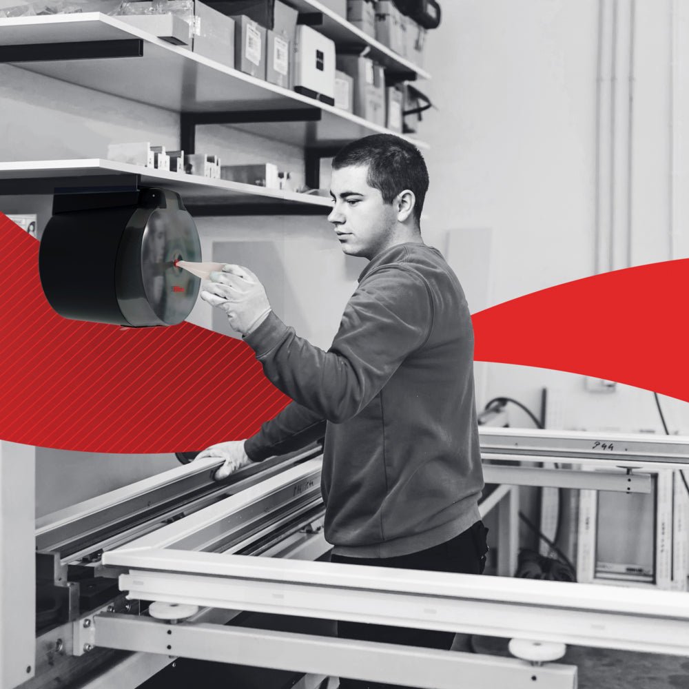 A person uses a wall-mounted WypAll® Reach Plus™ Reach™ Centrefeed Dispenser from Kimberly-Clark GmbH at a workplace. Behind them are shelves with boxes and other items, while a red graphic crosses the image horizontally.
