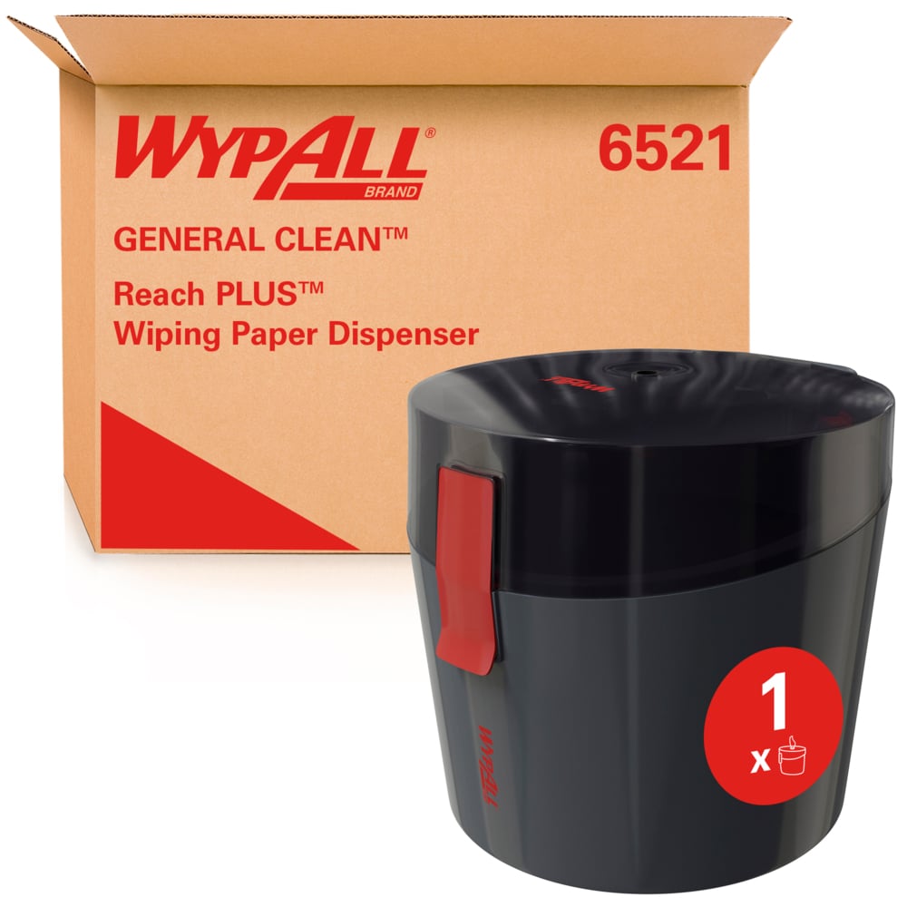 A box labeled "WypAll® Reach Plus™ Centrefeed Dispenser - 1 Dispenser | Carton (1 Dispenser)" from Kimberly-Clark GmbH stands behind a black WypAll dispenser with a red closure and "1 x" indicator on the front.