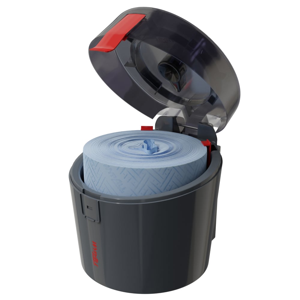 A dark gray Kimberly-Clark WypAll® Reach Plus™ Centrefeed Dispenser with a foldable, transparent lid, red latch, and "TORK" label is open, showing a blue rolled-up sheet inside.