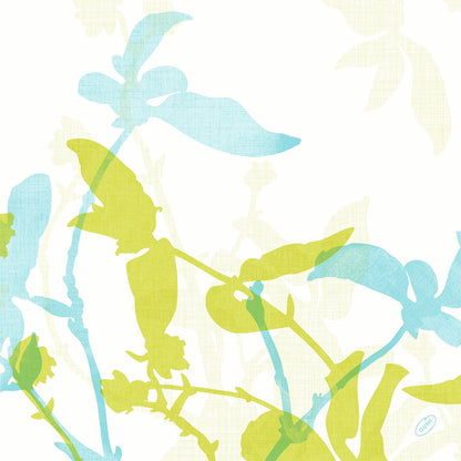 A digital illustration of overlapping light green and blue botanical silhouettes on white adorns the Duni GmbH classic napkins 40 x 40 cm, 4-ply, embossed with subtle pattern and 1/4-fold - perfect for the elegantly set table.