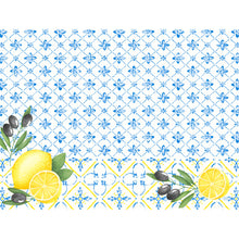 Duni GmbH Papier-Tischsets 30x40 cm: Weißer Hintergrund mit blauem Fliesenmuster, illustrierten schwarzen Oliven, Zweigen und Zitronenscheiben. Mediterranes Design mit gelben Akzenten, ideal für stilvolle Tischdekoration (250 Stück).