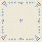 The Dunisilk MD tablecloth 84x84 cm in Tide by Duni GmbH has a square beige design with illustrated blue fish, sailboats, and shell borders as well as shell clusters in the center - perfect for a maritime table decoration (20 pieces/package).