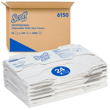 A box labeled "Scott® Toilet Seat Covers - White" from Kimberly-Clark GmbH contains 24 bags with 125 covers each (a total of 3,000) for hygienic toilet use, with the individually packaged covers shown at the front.