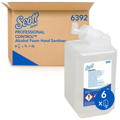A box labeled "Scott® CONTROL alcohol-based hand sanitizer foam" from Kimberly-Clark GmbH contains six transparent 1-liter cartridges; the front shows a cartridge with a pump dispenser and a visible product label.