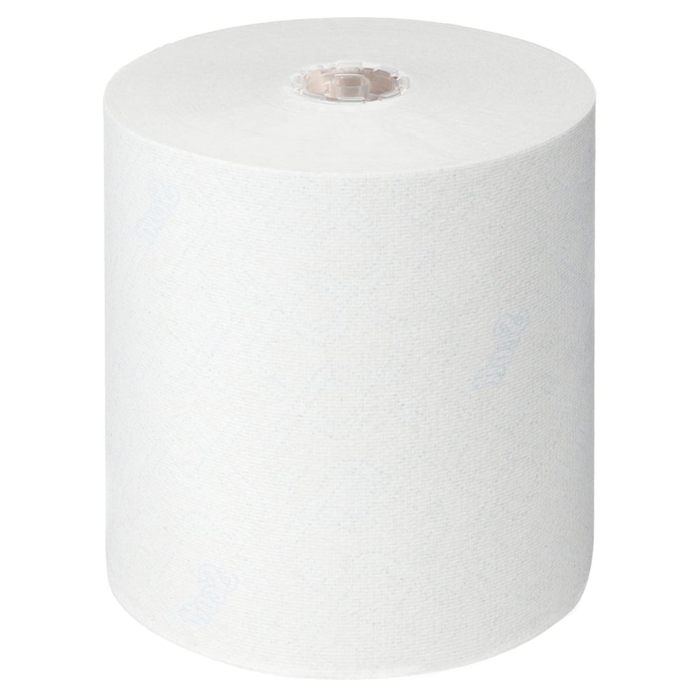 A large white roll of Scott® Control™ towels - roll / white from Kimberly-Clark GmbH stands upright on a white background, with a visible cardboard core - ideal for hygienic towels and effective hand drying.