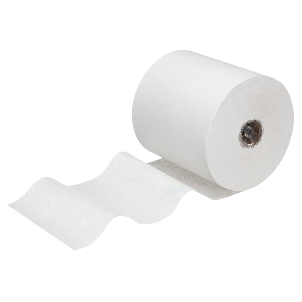 A single roll of Scott® Control™ towels - roll / white from Kimberly-Clark GmbH is unrolled on a plain white background, showing the texture and cardboard core - ideal for maintaining hygienic towel standards.