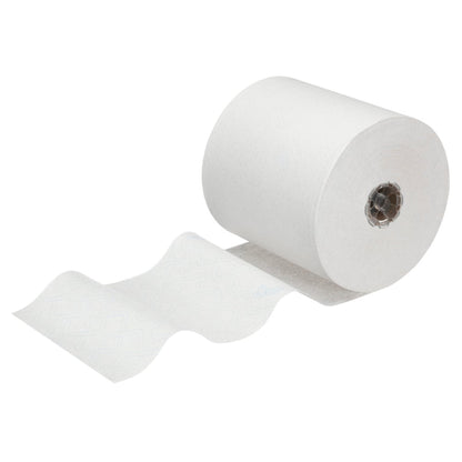 A single roll of Scott® Control™ towels - roll / white from Kimberly-Clark GmbH is unrolled on a plain white background, showing the texture and cardboard core - ideal for maintaining hygienic towel standards.