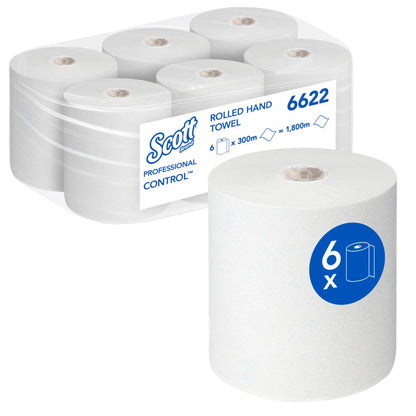 A package with six Scott® Control™ towels - roll / white from Kimberly-Clark GmbH, white, stacked in two rows. Each roll with 300 m for hygienic towels and effective hand drying.