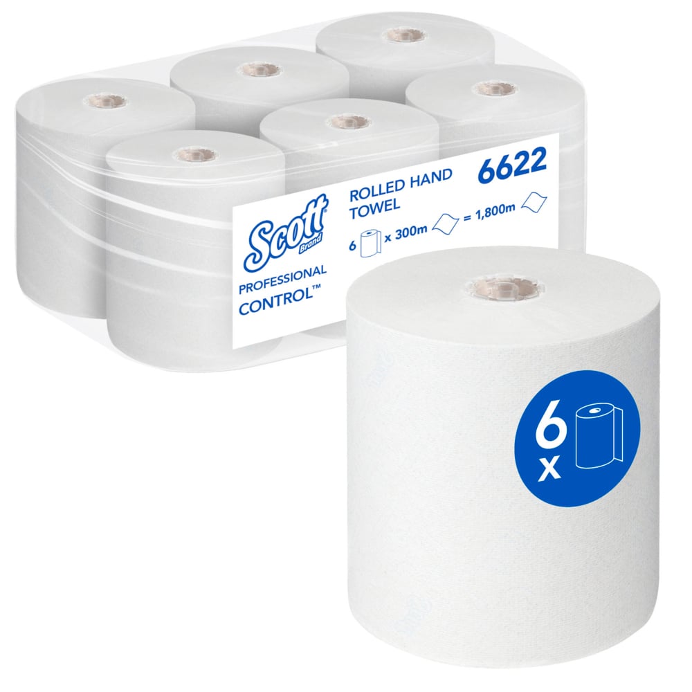 A pack of six Scott® Control™ towels - roll / white from Kimberly-Clark GmbH, with one roll in front. Each 300m roll (Code: 6622) offers a total of 1,800m for efficient hand drying.