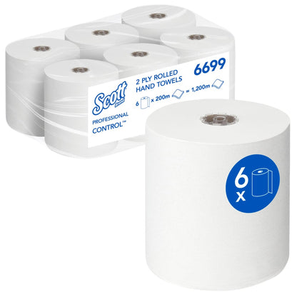 Six rolls of Scott® Control™ towels - roll / white from Kimberly-Clark GmbH, individually wrapped; package contains 6 rolls with a total length of 1,200 meters for hygienic hand drying. One roll is pictured on the front.