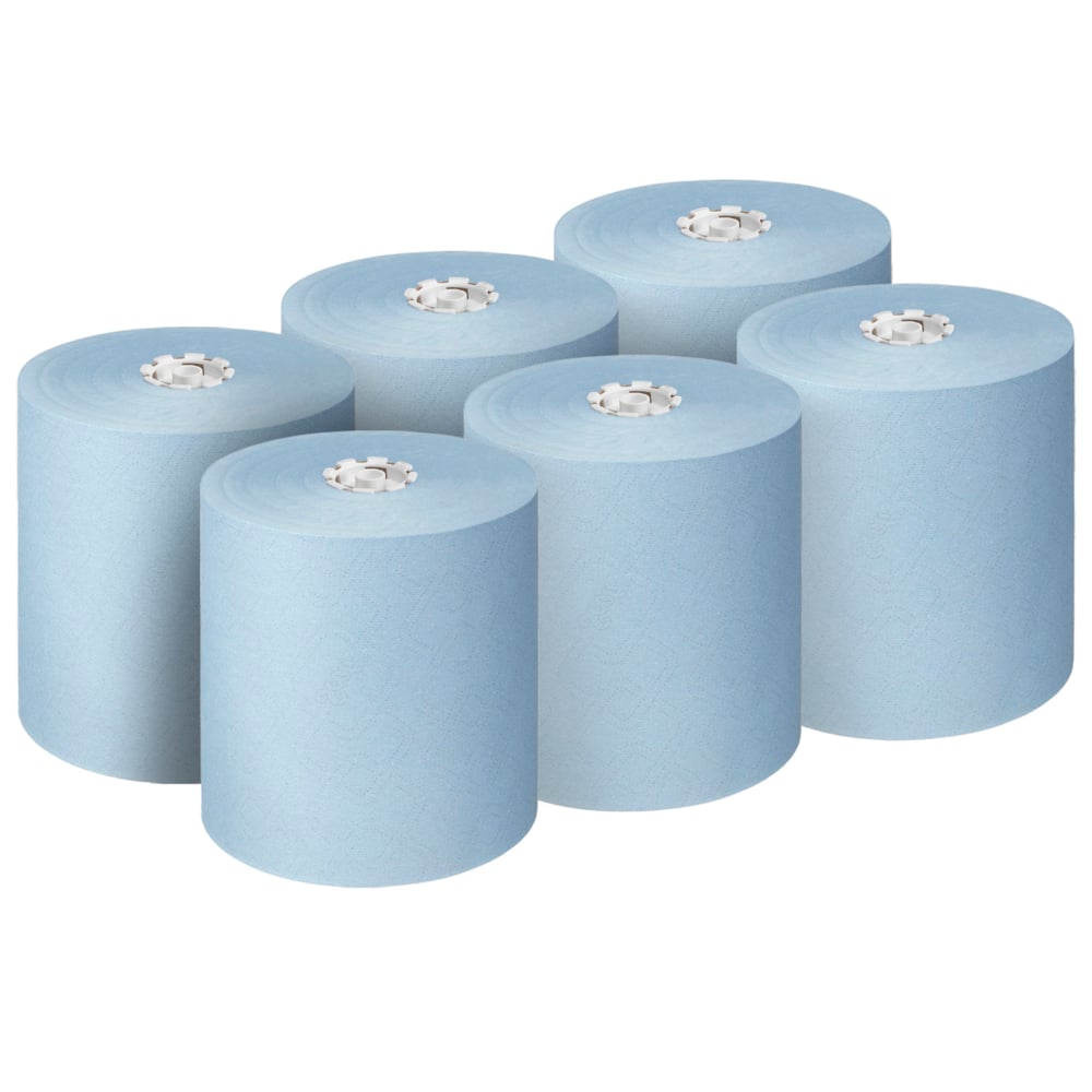 Six Scott® Essential™ towel rolls, blue (6 rolls/carton) from Kimberly-Clark GmbH, are arranged in two rows of three on a white background - ideal for hygienic supply in high-traffic industrial areas.