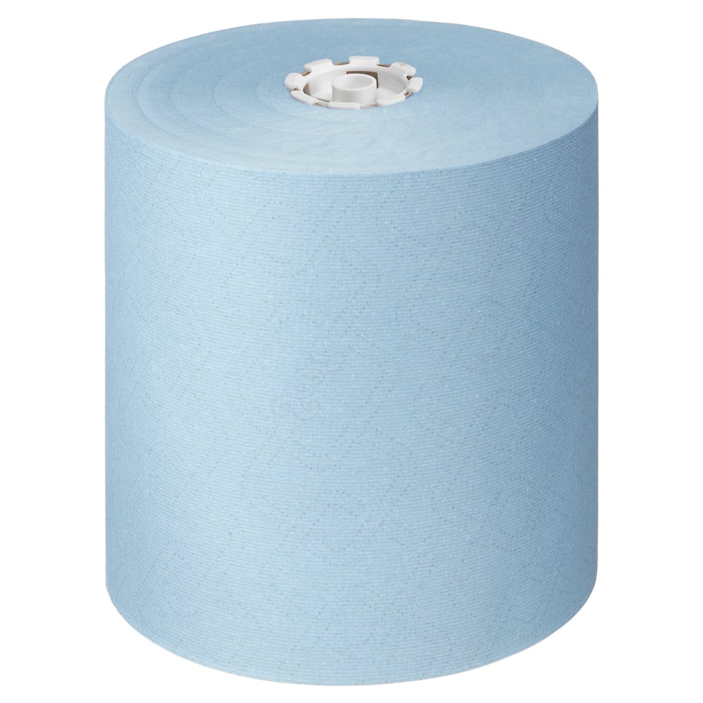 A large roll of Scott® Essential™ towels - roll / blue from Kimberly-Clark GmbH, with a white plastic core, stands upright against a plain background - ideal for maintaining hygiene in any environment. Carton: 6 rolls x 1 sheet.