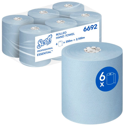 A carton with six Scott® Essential™ towel rolls from Kimberly-Clark GmbH, each blue roll 350 m long, totaling 2,100 m. One roll is unpacked at the front, the others are wrapped in plastic.