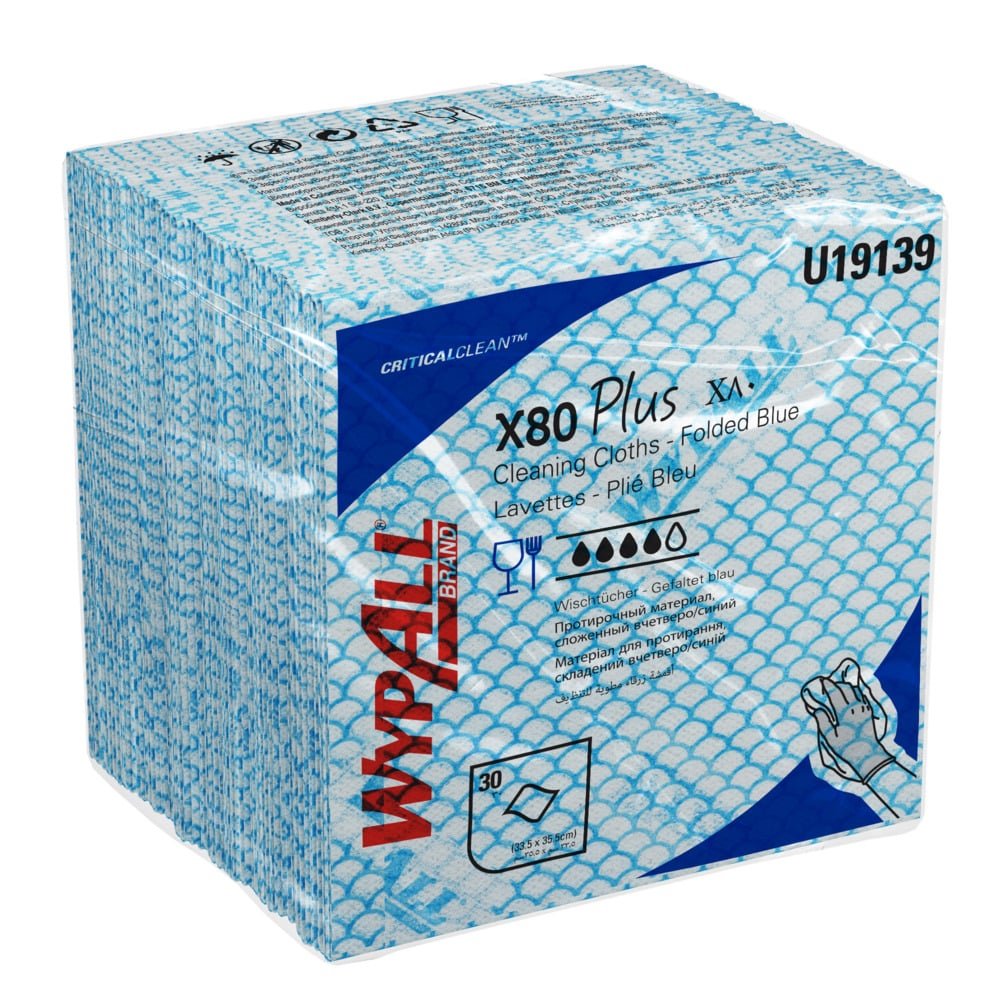 A carton of WypAll® X80 Plus Critical Clean, quarter-folded blue wipes (8 packs x 30 sheets) from Kimberly-Clark GmbH - with branding, details, and symbols for absorbency - ideal for critical environments.