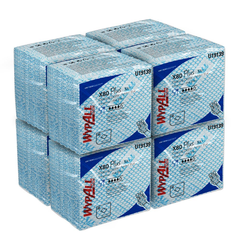 Eight packs of WypAll® X80 Plus Critical Clean wipes from Kimberly-Clark GmbH, each with 30 blue, quarter-folded sheets in a blue-white branded packaging - perfect for critical environments.