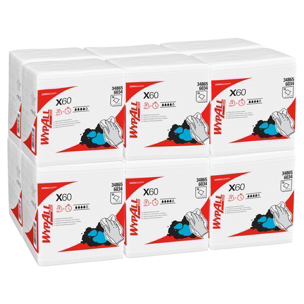 Twelve bags of white WypAll® X60 General Clean quarter-folded cloths from Kimberly-Clark GmbH are arranged in two rows. Each bag is equipped with red and black branding, hand cleaning, and bilingual product information for efficient cleaning.