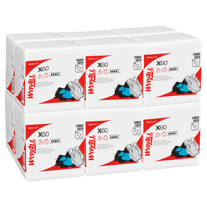 Twelve bags of white WypAll® X60 General Clean quarter-folded cloths from Kimberly-Clark GmbH are arranged in two rows. Each bag is equipped with red and black branding, hand cleaning, and bilingual product information for efficient cleaning.