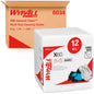 A box of Kimberly-Clark GmbH WypAll® X60 General Clean quarter-folded, white cloths (12 bags x 76 pieces) is shown behind individually packaged cloths for heavy and general cleaning.
