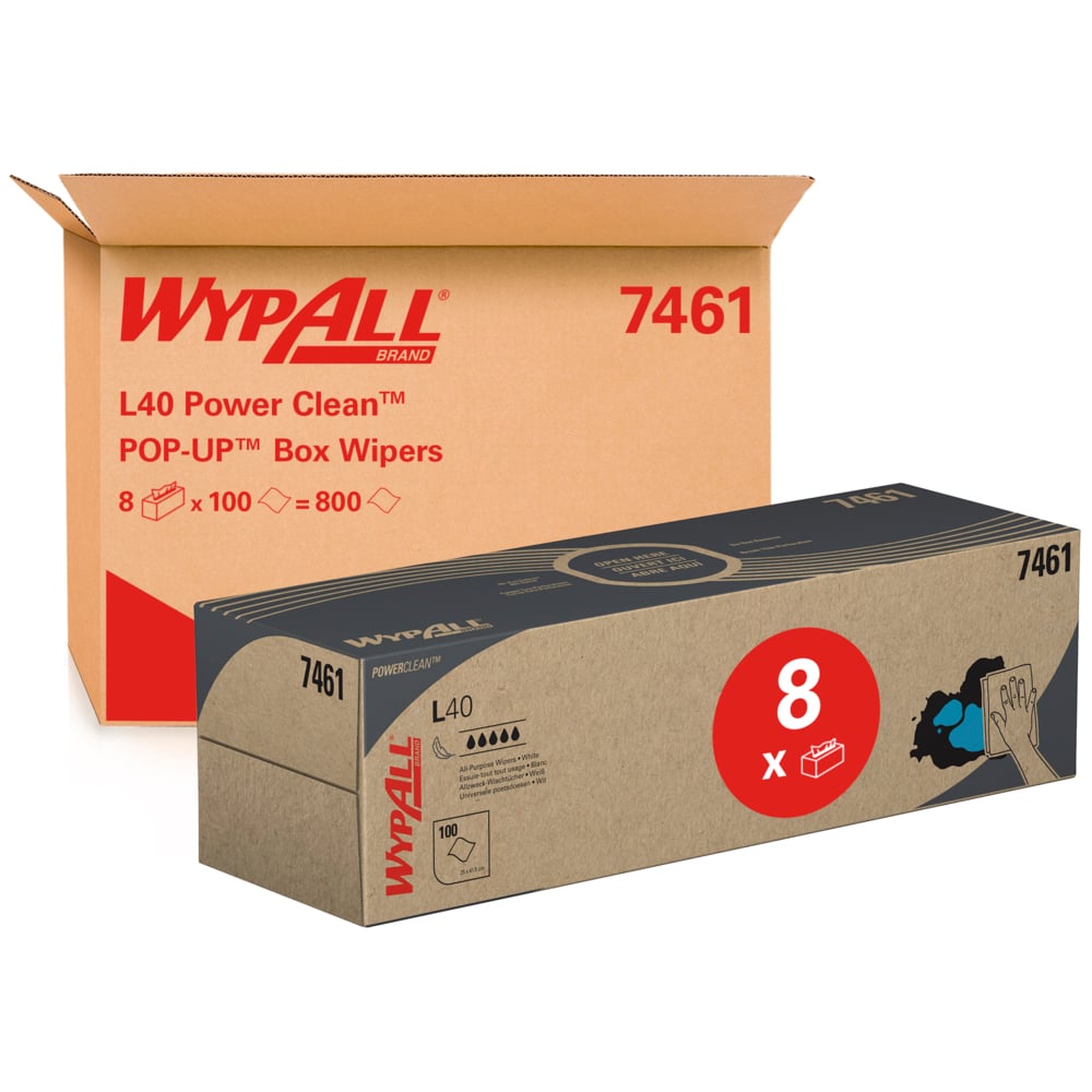 A carton labeled "WypAll® L40 PowerClean - Pull Box / White" from Kimberly-Clark GmbH is pictured with a package labeled "8x", containing 8 cartons of industrial cleaning wipes with 100 sheets each - a total of 800 wipes.