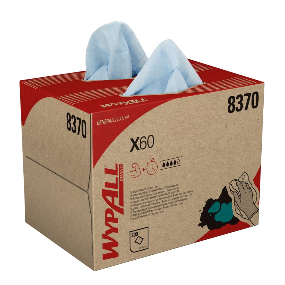A WypAll® X60 General Clean BRAG™ Box from Kimberly-Clark GmbH contains 200 blue disposable towels (41.80 cm x 28.30 cm) for general cleaning, with product information and illustrations on the carton.