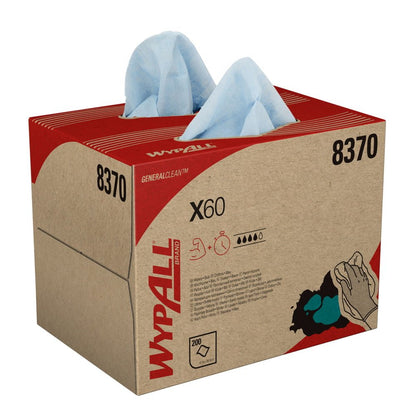 A WypAll® X60 General Clean BRAG™ Box from Kimberly-Clark GmbH contains 200 blue disposable towels (41.80 cm x 28.30 cm) for general cleaning, with product information and illustrations on the carton.