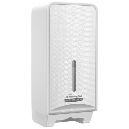 The Kimberly-Clark Professional™ Icon™ toilet paper dispenser - folded (32 x 14.5 x 13.8 cm) by Kimberly-Clark GmbH has a white wall design with a patterned front and vertical window, ideal for any washroom and folded toilet paper.