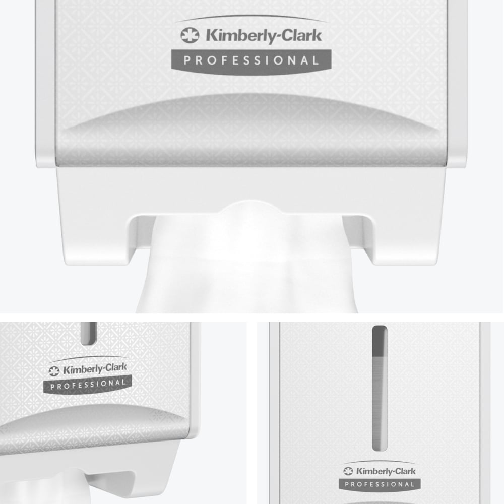 A close-up shows the Kimberly-Clark Professional™ Icon™ Toilet Tissue Dispenser (folded, 32x14.5x13.8 cm) by Kimberly-Clark GmbH in a toilet, with visible branding and dispensed paper. Two detail shots are seen below.