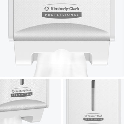 A close-up shows the Kimberly-Clark Professional™ Icon™ Toilet Tissue Dispenser (folded, 32x14.5x13.8 cm) by Kimberly-Clark GmbH in a toilet, with visible branding and dispensed paper. Two detail shots are seen below.