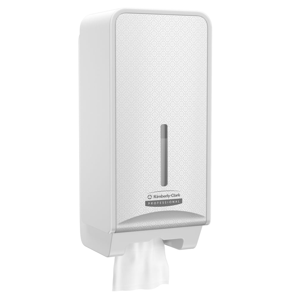The Kimberly-Clark Professional™ Icon™ toilet paper dispenser (folded, 32x14.5x13.8 cm) by Kimberly-Clark GmbH is a white wall unit with a patterned front, vertical viewing window, and bottom dispensing slot for washrooms.