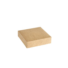 A Viking Cube Lid Brown Cardboard/PE 113x113x29 from Duni GmbH (Package: 300 pieces) is shown closed and rectangular on a white background.