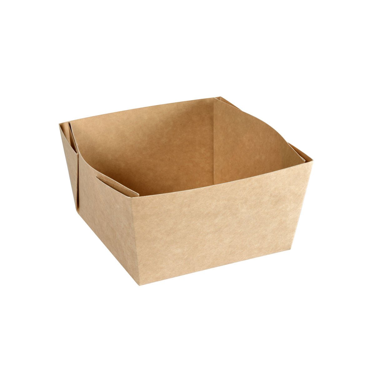The stable, square Viking Block Box Brown Cardboard/PE 140x140x75 by Duni GmbH (300 pack), slightly tilted on a white background - ideal for safe and orderly storage.
