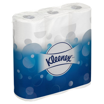 A carton of Kleenex® toilet paper rolls from Kimberly-Clark GmbH contains 8 packs, each with 9 small white rolls and 195 sheets per roll - a total of 72 toilet paper rolls per carton.