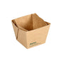 The brown, square Viking Cube Mini 250 ml Takeaway Food Container (75x75x60mm) from Duni GmbH is open and reveals its interior and folded design. It is made of cardboard/PLA, environmentally friendly, and is delivered in packs of 300 pieces.