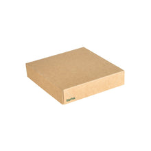 A simple, square, flat, biodegradable Viking Block Lid Carton Brown 140x140x29mm from Duni GmbH with a small green "BioPak" logo in the corner, set against a white background. Package: 300 pieces.