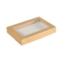 The Viking Brick Lid with PLA Window Brown Carton/PLA 200x140x30 by Duni GmbH is a rectangular kraft paper box with a transparent PLA window, empty and ideal as sustainable packaging. Pack: 300 pieces. Pictured on a white background.