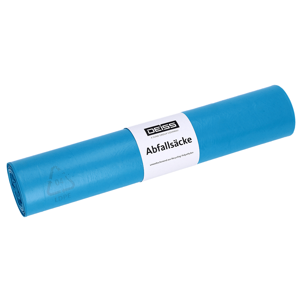 Pictured is a rolled-up blue DEISS 20290 garbage bag (700x1100 mm, 25 pieces) from EMIL DEISS KG (GmbH + Co.) with a white "Abfallsäcke" label on a plain white background.