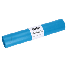 Pictured is a rolled-up blue DEISS 20290 garbage bag (700x1100 mm, 25 pieces) from EMIL DEISS KG (GmbH + Co.) with a white "Abfallsäcke" label on a plain white background.