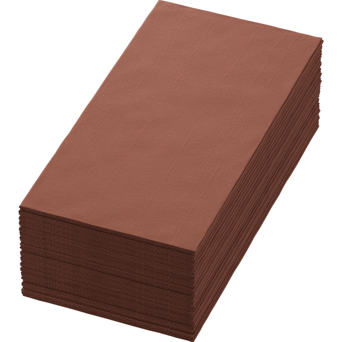 A neatly arranged stack of Bio-Dunisoft napkins 40 x 40 cm 1/8 book fold by Duni GmbH in brown is seen from an angled perspective against a white background.