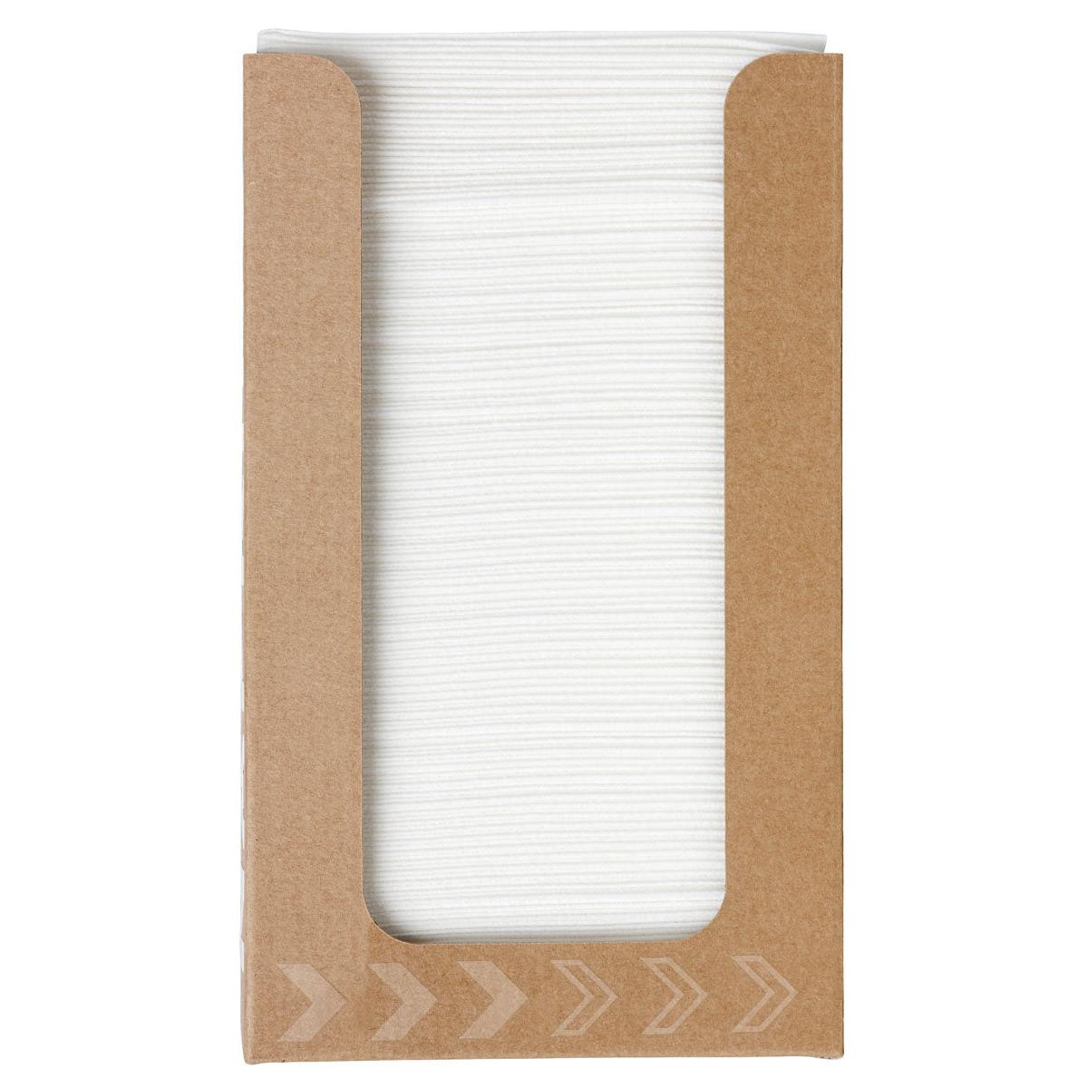 A stack of the Bio-Dunisoft napkin box 20 x 20 cm white by Duni GmbH is seen in an open, brown box with white arrow designs - practical, biodegradable, and environmentally friendly napkins for every occasion.