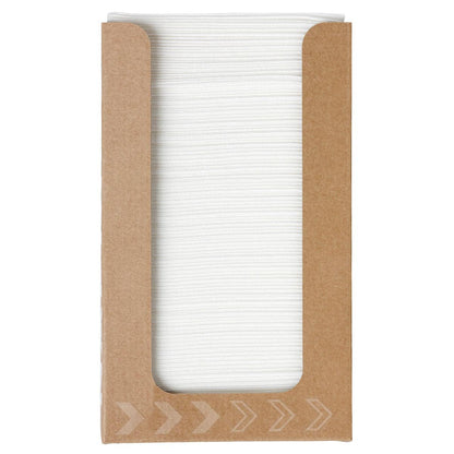 A stack of the Bio-Dunisoft napkin box 20 x 20 cm white by Duni GmbH is seen in an open, brown box with white arrow designs - practical, biodegradable, and environmentally friendly napkins for every occasion.