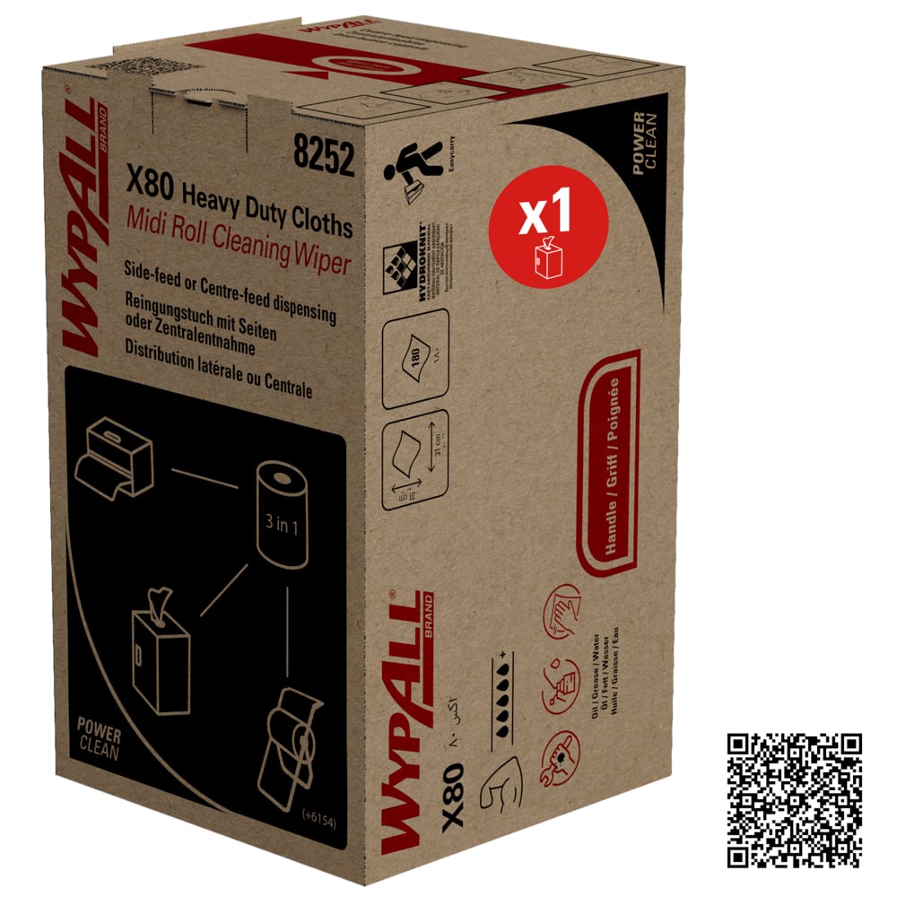 The WypAll® X80 PowerClean Midi Roll, White (1 carton x 180 sheets) from Kimberly-Clark GmbH is delivered in a carton with product images, dosing instructions, a "x1" unit symbol, and a QR code - ideal for industrial cleaning needs.
