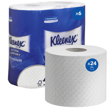 A pack of Kleenex® toilet paper from Kimberly-Clark GmbH contains 6 packs with 4 white rolls each (160 sheets/roll); premium toilet paper for maximum comfort.