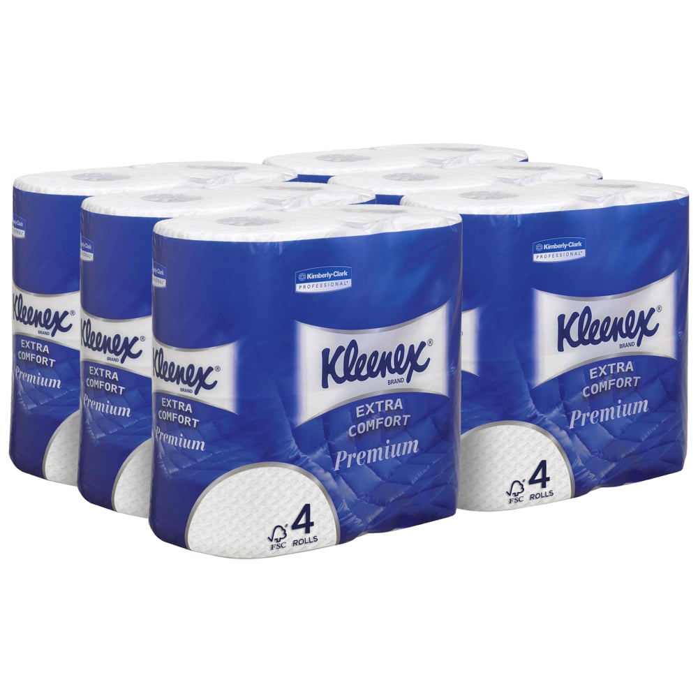Six packs of Kleenex® toilet paper rolls from Kimberly-Clark GmbH, each with 4 small white rolls and 160 sheets per roll, are arranged in two rows. The blue and white box displays clear product branding on the front.
