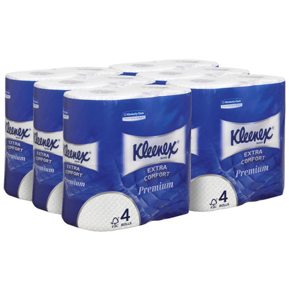 Six packs of Kleenex® toilet paper rolls from Kimberly-Clark GmbH, each with 4 small white rolls and 160 sheets per roll, are arranged in two rows. The blue and white box displays clear product branding on the front.