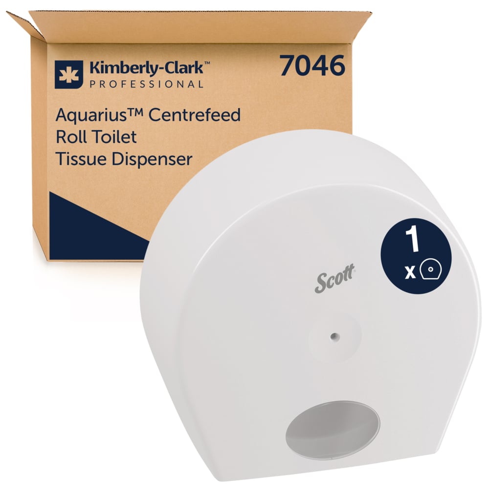 Ein weißer Scott® Control™ Toilettenpapierspender (Zentralentnahme/Jumbo, 1 Spender) der Kimberly-Clark GmbH ist vor einem braunen Kimberly-Clark Professional Karton mit der Aufschrift "7046 Aquarius Centrefeed Roll Toilet Tissue Dispenser" abgebildet.